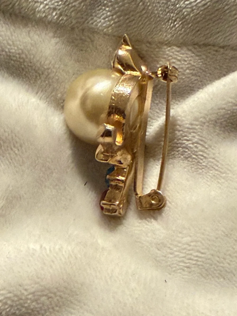 Gold-Tone Owl Brooch with Pearl and Red & Blue Stones